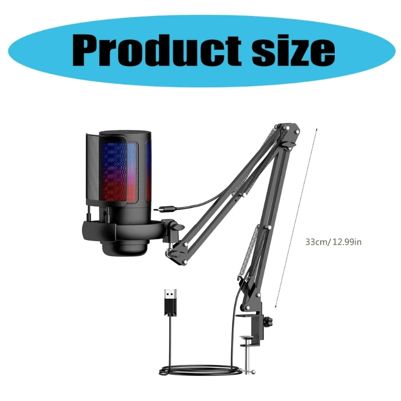 Professional Gaming Microphone Desktop USB Clip Mount Mic with Detachable Metal Shock Mount & LED Light Effects