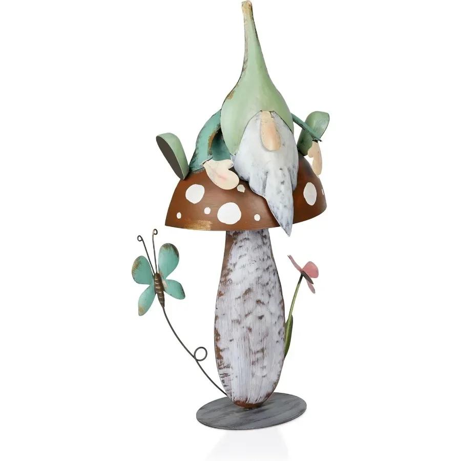 

- Metal Gnome with Mushroom 20" Tall Durable Iron Garden Statue Whimsical Outdoor Décor for Patio Lawn Yard Multicolor