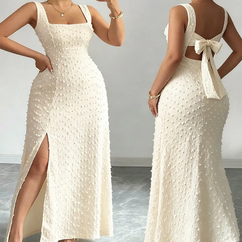 Slit Square Neck Gown High Waist Office Chic with Off Shoulder Pullover Sleeveless Elegant Ladylike Long Dress Summer for Women