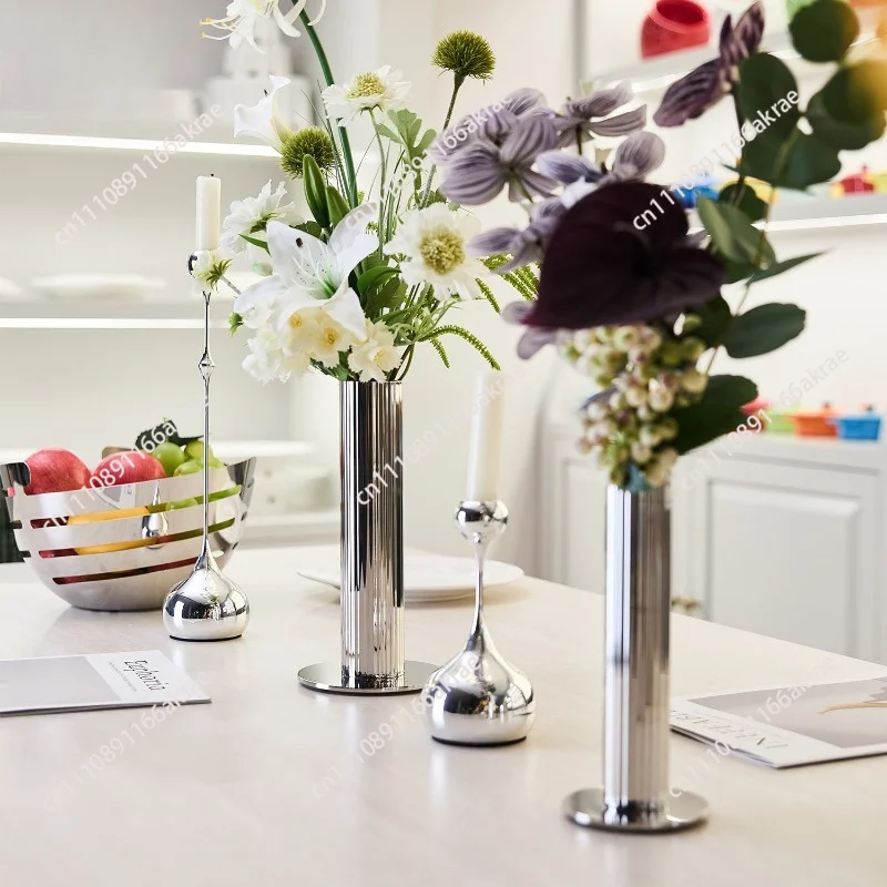 for Simple home living room coffee table flower arrangement decorative vase creative stainless steel cylindrical flower ware