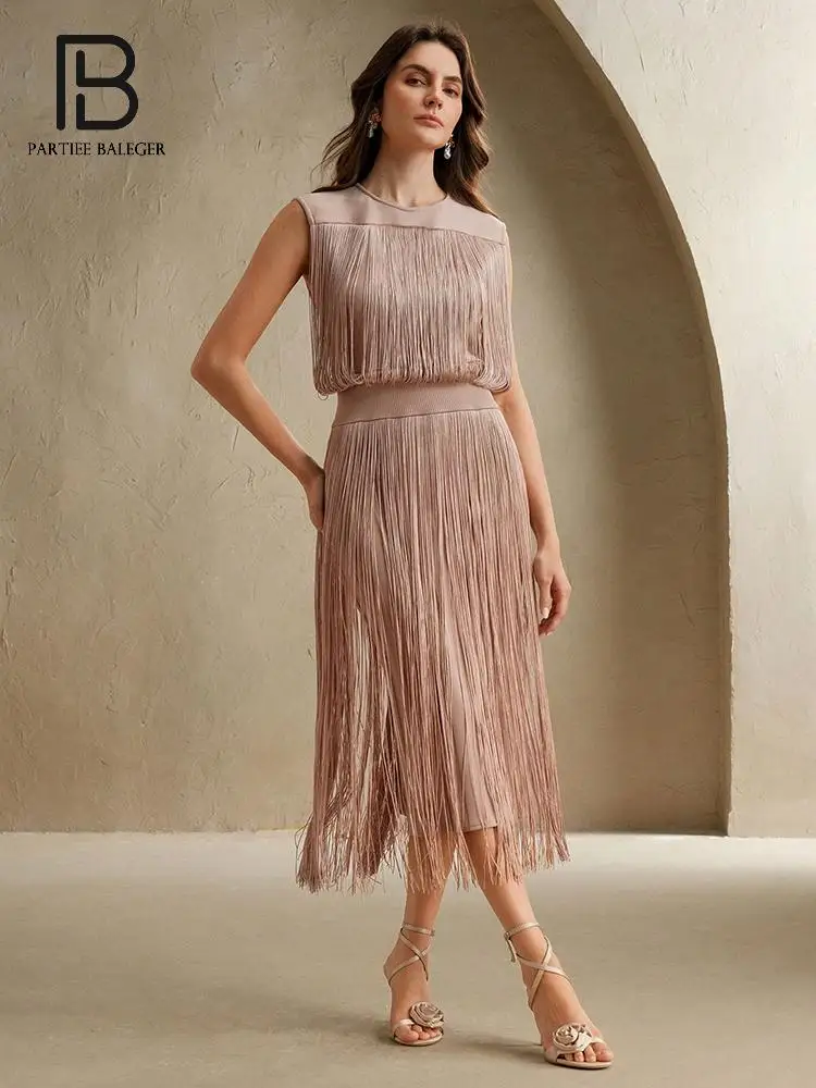 

PB Elegant Sleeveless Fringed Sleeveless Bandage Midi Dress in Light Pink - Ideal for Formal Occasions & Evening Party
