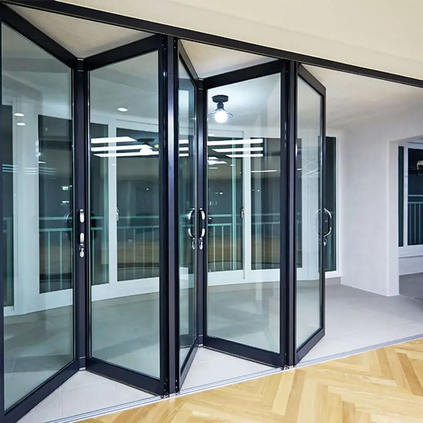 Folding Door with Modern Design Secure Lock Slim Black Aluminum Frame for Home High-strength Hurricane Resistant Folding Door