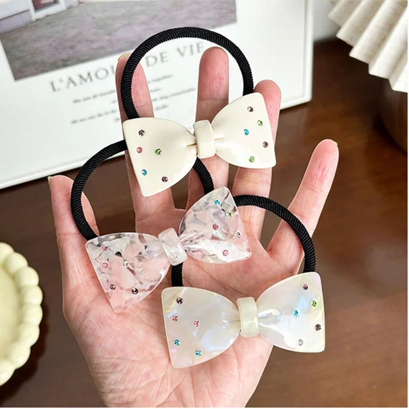 Fashion Cute 6.4cm Inlaid Colorful Rhinestones Bow Hair Band For Sweet Girls Acetate High Ponytail Hair Rope Hair Accessories