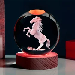 1 PC 3D laser carved horse crystal, equipped with wooden colored lamp holder, home decoration, crystal glass ball night light