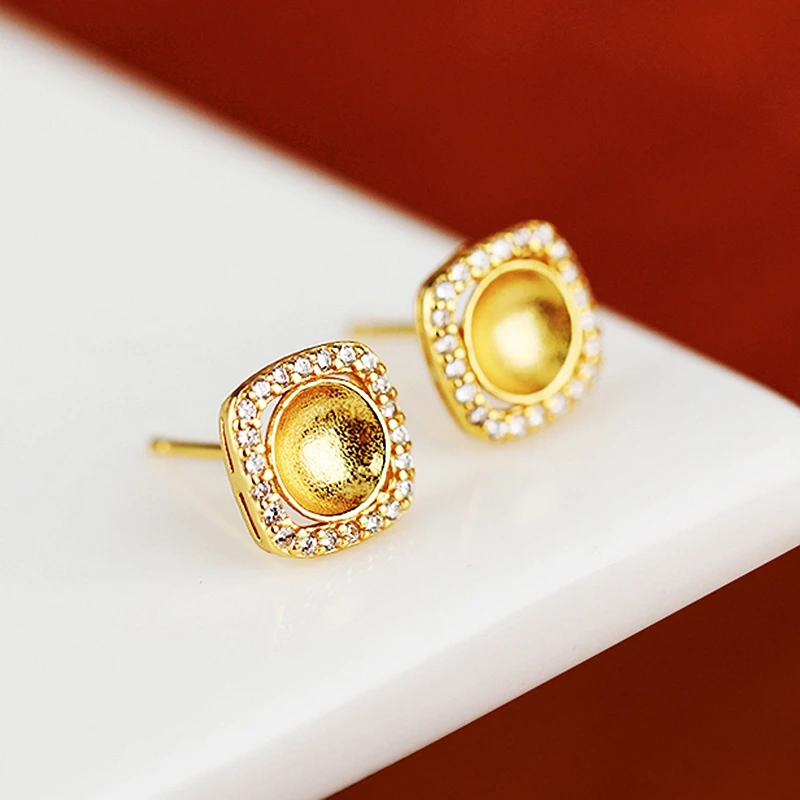 

925 Sterling Silver Women Stud Earrings Cubic Zirconia Semi Mount 6 7 8 mm Pearl Round Beads Setting Jewelry Trendy
