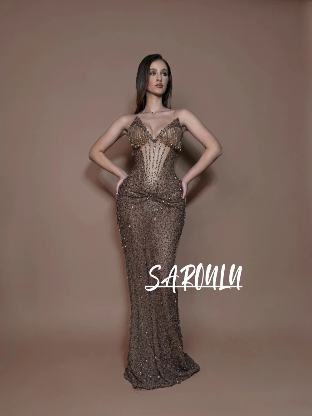 

New Bronze Beaded Tassel Sexy Deep V Neck Mermaid Evening Dress Sheer Mesh Formal Party Bodycon Fit Prom Gown Customized