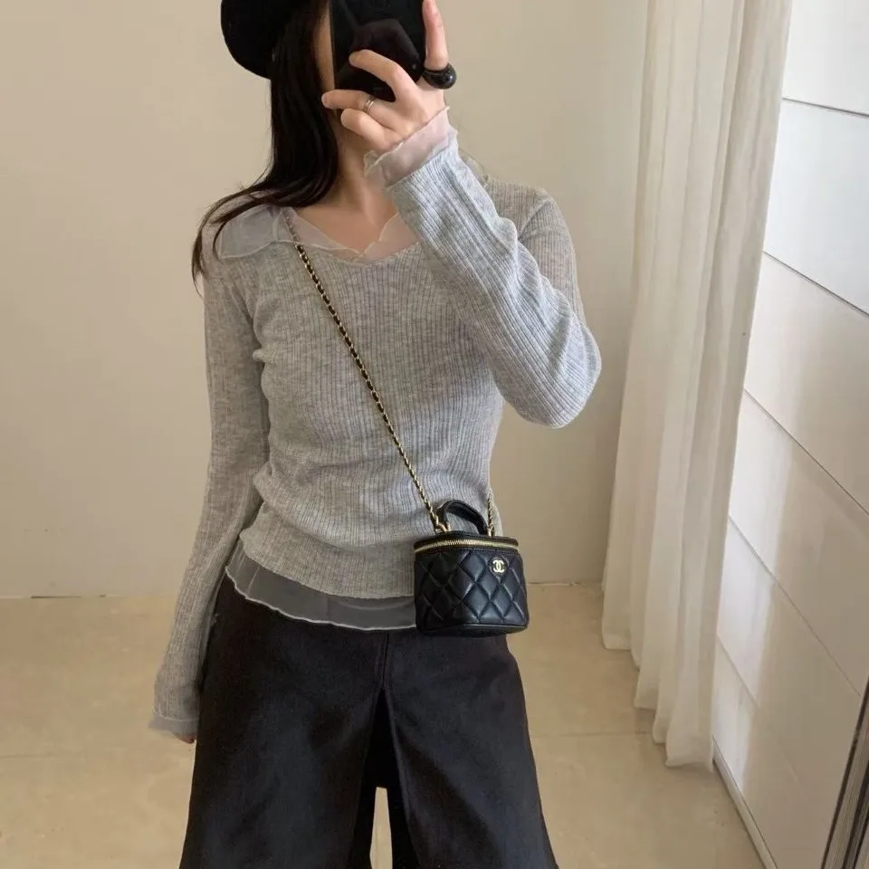 

Женский вязаный свитер с кружевным воротником, приталенный, базовый, весенний, новый, в корейском стиле, с длинными рукавами, для повседневной носки