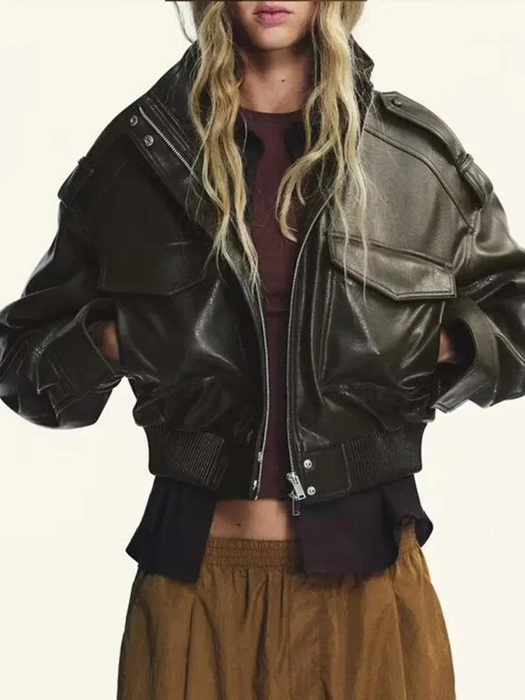 

Женская шикарная свободная кожаная куртка с воротником-стойкой, пальто с длинными рукавами и карманами на молнии, новинка 2025, модная осенняя повседневная шикарная верхняя одежда