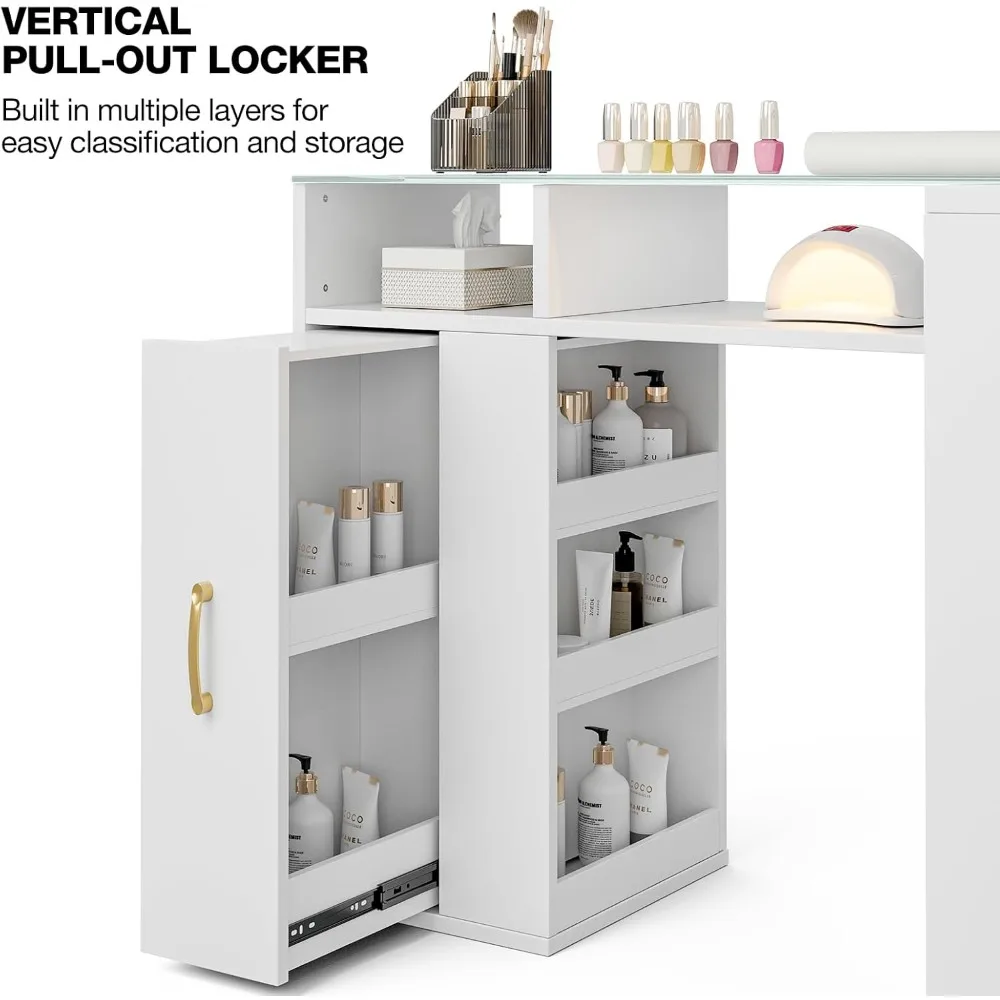 

L-Shaped Manicure Table with Shelves, Glass Top Nail Table Station Acetone Resistant W/Storage Drawers