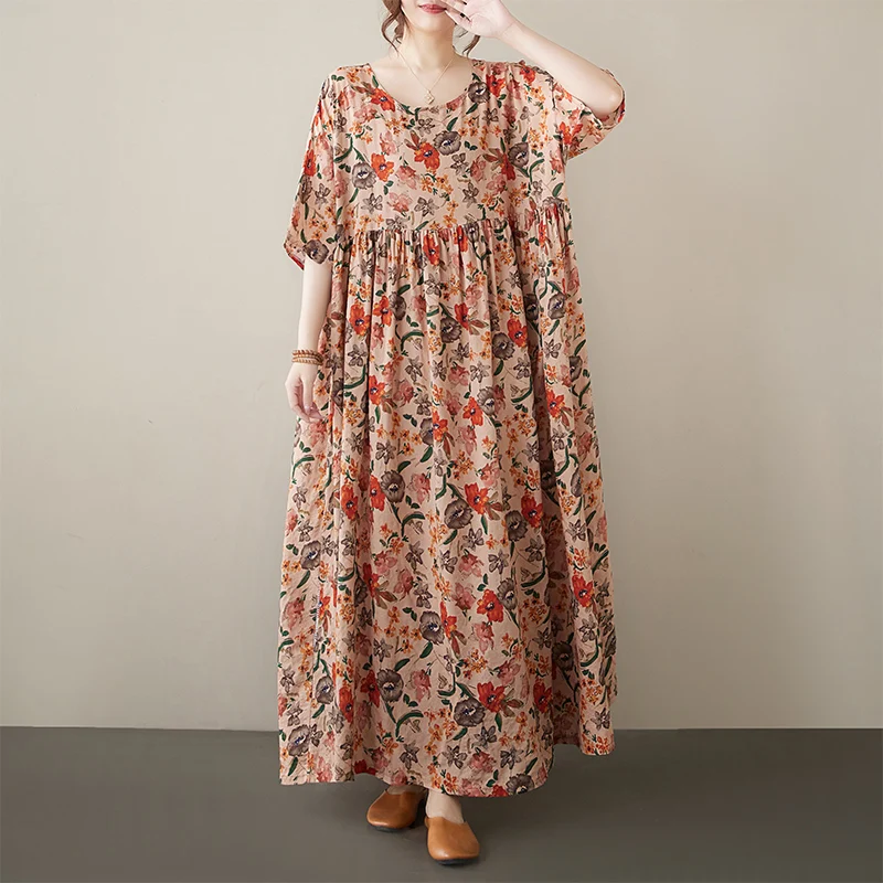 

Elegant Retro round Neck Short Sleeve Midi Dress for Women Summer New Style Large Size A-Line Skirt Commute Style Polyester F...