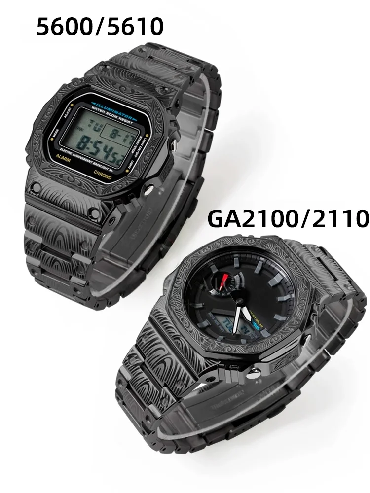 Para casio G-SHOCK pulseira de relógio dw5600 ga2100 DW-5600 5610 GA-2100 2110 masculino modificado retro esculpido pulseira aço inoxidável caixa metal