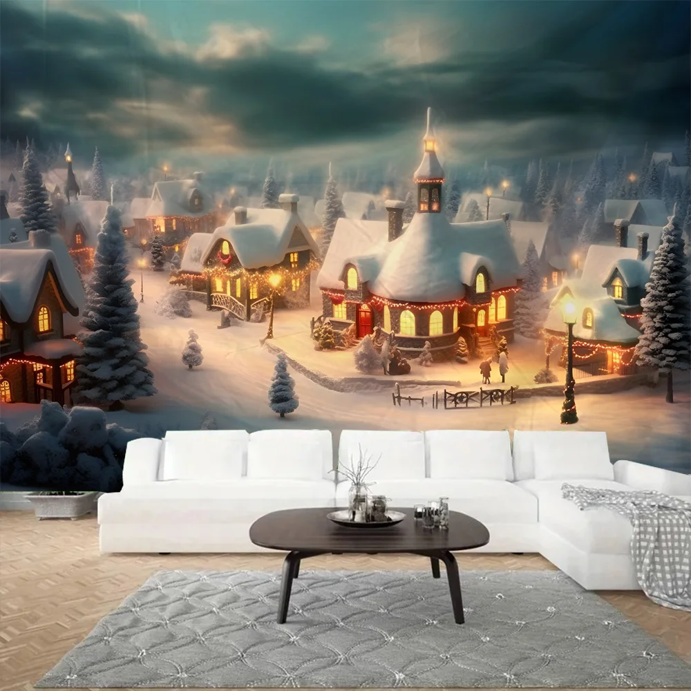 

Cartoon Christmas Snow Scene Tapestry Christmas Tree Wall Hanging Home Dormitory Office Holiday Decoration Background Poster