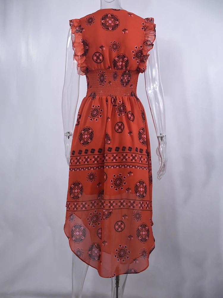 Verano Mujer Vintage patrón de comportamiento smockeed Ruffle Midi vestido Sexy sin mangas rojo vestidos largos 2024 moda