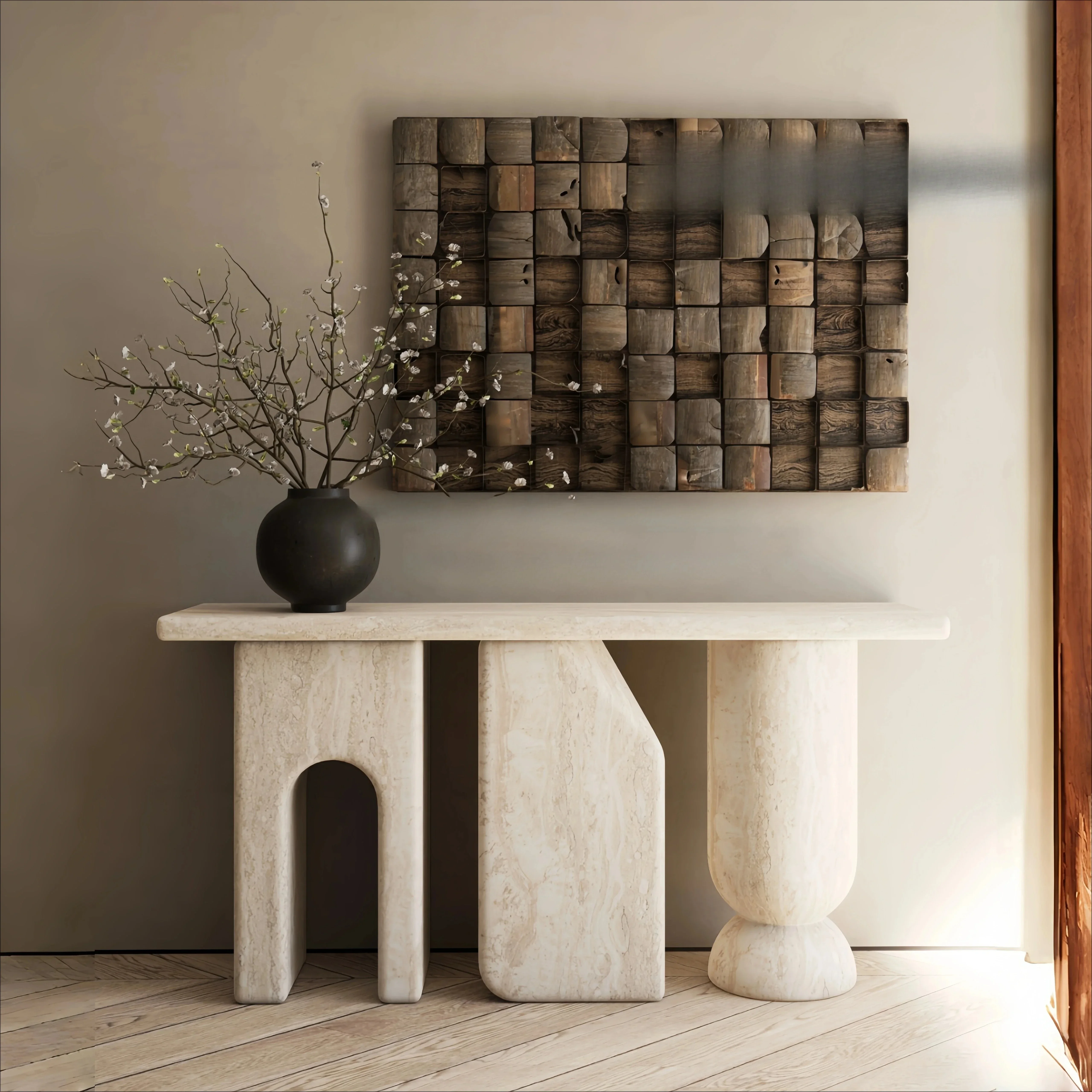 AANatural White And Yellow Cave Marble Thick Cut Rounded Corners Entry Porch Case Corridor End View Display Stand