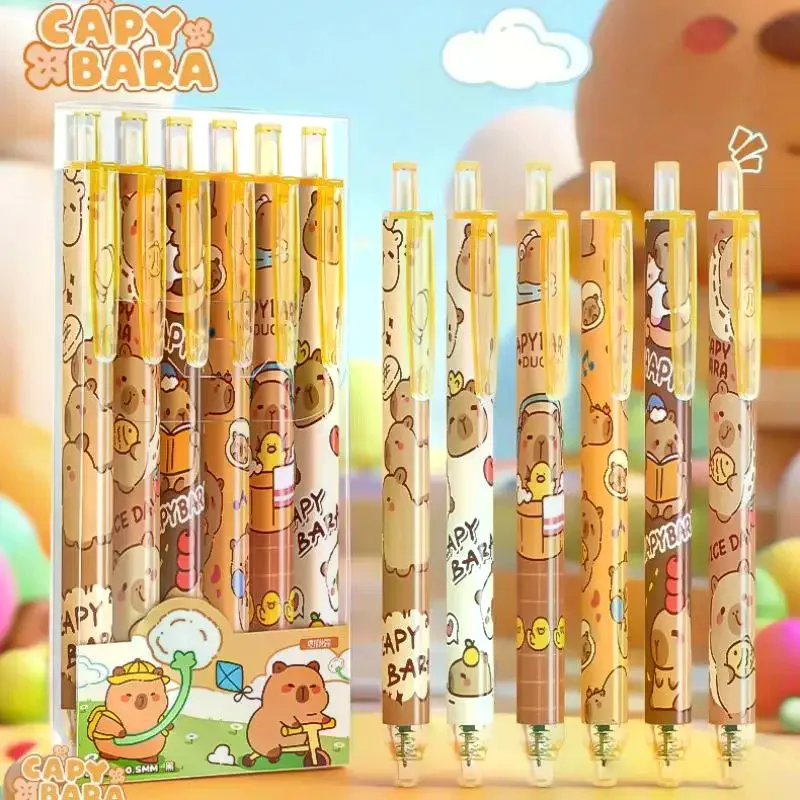 

6 шт., милые гелевые ручки с изображением капибары и панды, Kawaii, быстросохнущие, гладкие, элегантные, нейтральные ручки, студенческие канцелярские принадлежности, подарок