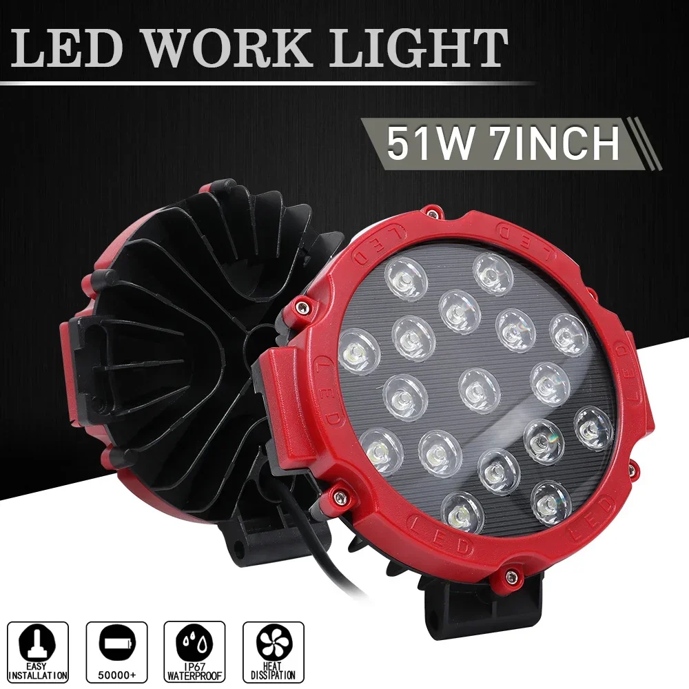 17LED 51W Work Light 12V 24V Car LED Spotlight Square Round Auto Truck Off Road Mini Ledbar Offroad Accessories