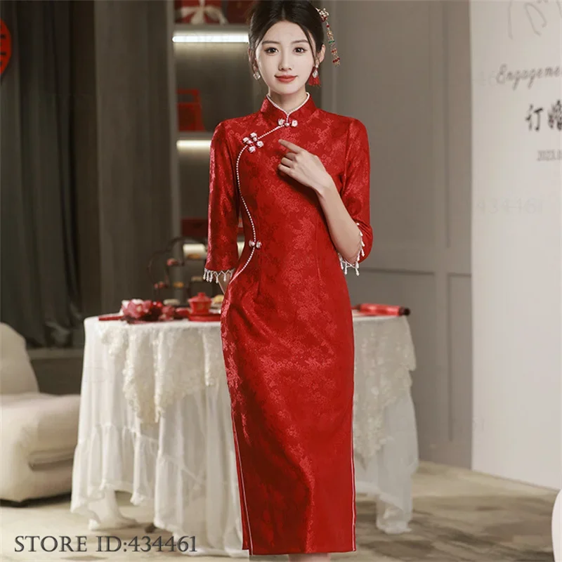 

Plus Size 3XL 4XL Traditional Qipao Dress Sexy Burgundy Lace Chinese Bride Bridal Wedding Dress Classic Slim Cheongsam Vestidos
