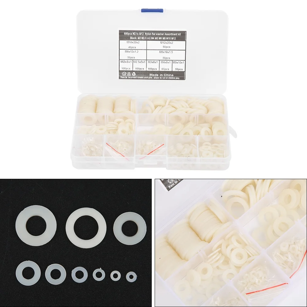 600Pcs Flat Washer 9 Sizes White Nylon Gasket Assortment Kit Fastener Hardware Tools M2-M12