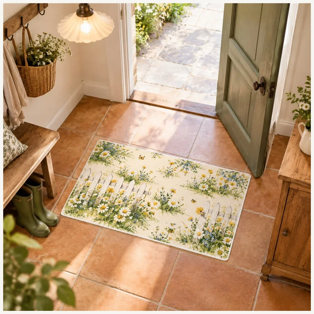 VIKAMA Picket Fence Door Mat, Modern Non Slip Flannel Rug, English Country Floor Mat for Kitchen, Utility Room, Living Room