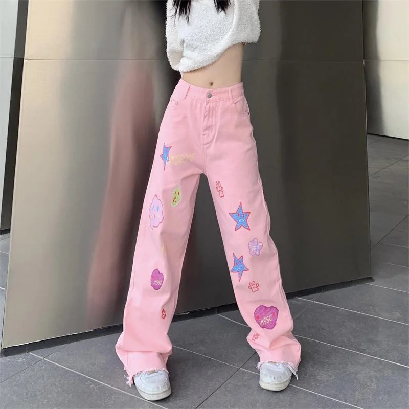 Jeans de dessin animé rose pour femmes, pantalons taille haute, à jambes larges, à la mode, version printemps et été, pantalons pour femmes