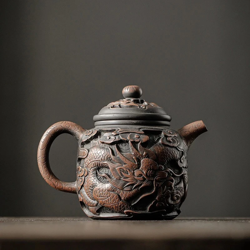 

Fully Handmade Deep Carving Golden Bell Teapot Handmade Dragon Phoenix Teapot Yunnan Jianshui Purple Pottery Teapot