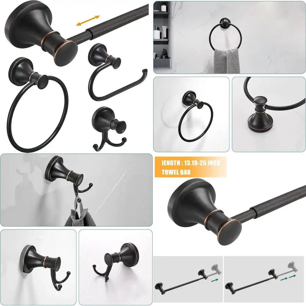 

Bathroom Accessory Set, 4-Piece Wall Mount Hardware, Oil Rubbed Bronze, Includes Adjustable Towel Bar, Ring, and Paper Holder fo
