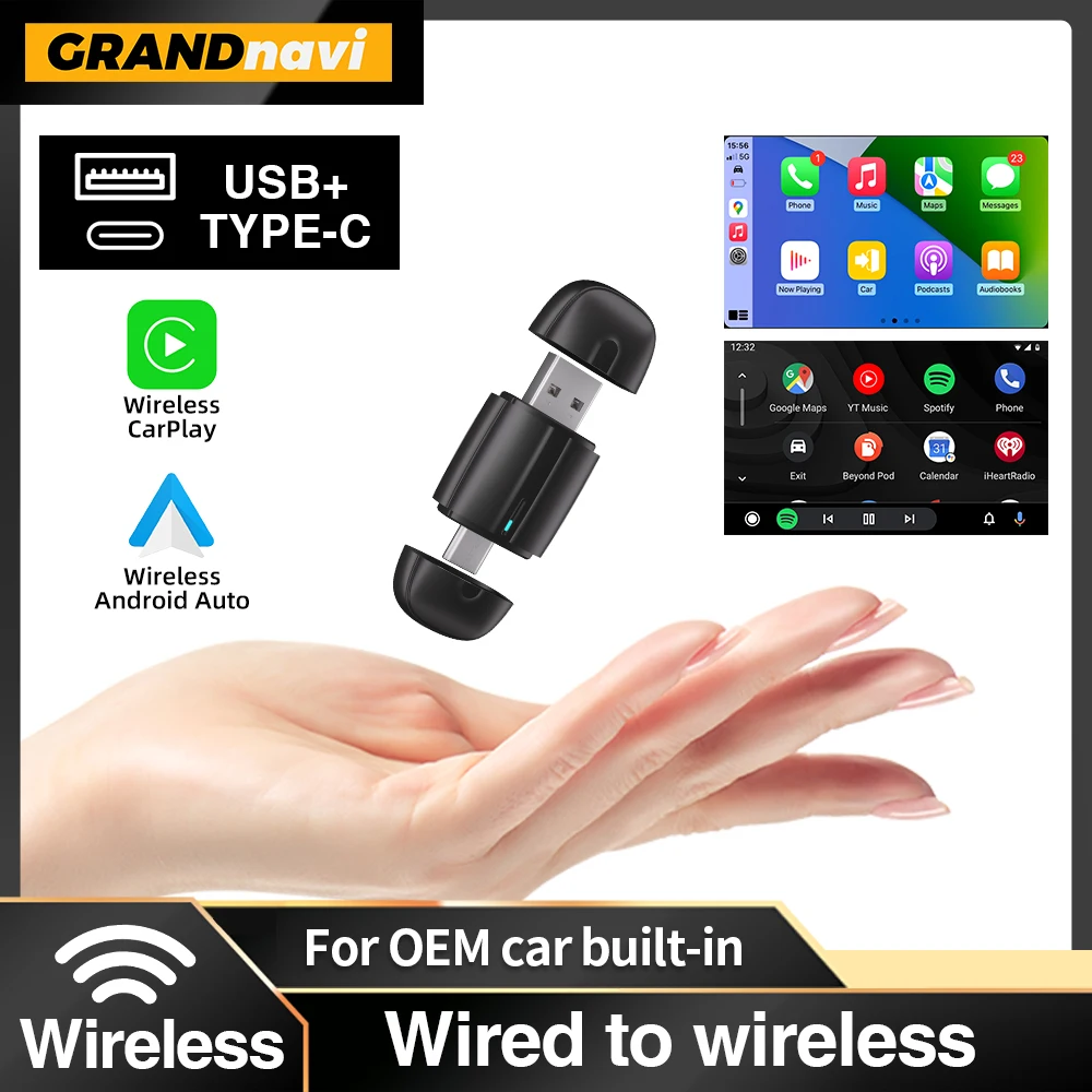 GrandNavi  Mini Wireless Carplay Adapter Android Auto 2in 1 Dongle 2025 5G WIFI For  iphone Android For Benz BMW Honda Ford VW