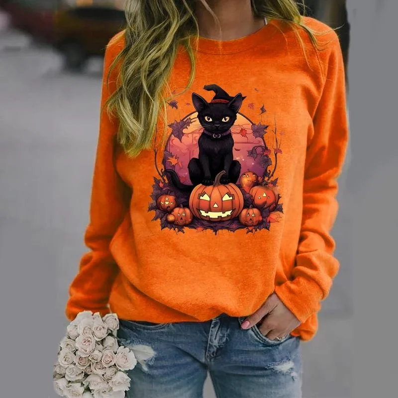 Women\'s Fashion Halloween Harajuku Sweatshirt Casual Long Sleeve Cute Cat Harajuku Pattern Pullover Pumpkin Sweatshirt