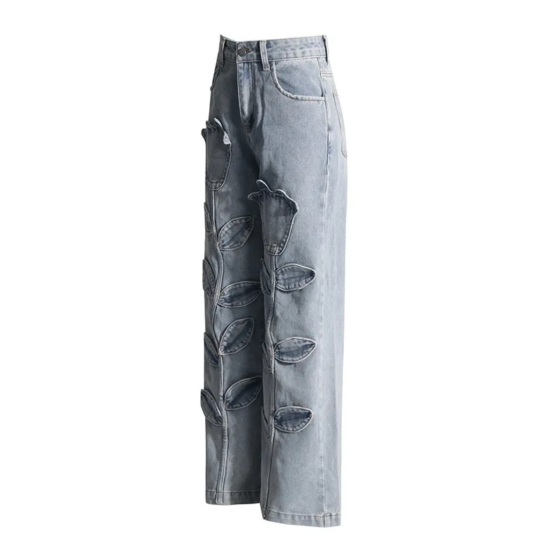 HKSH Spring Autumn New Women Jeans Flower Patchwork Design High Waisted Straight Elegant Retro Trendy Washed Denim Pants HK17413