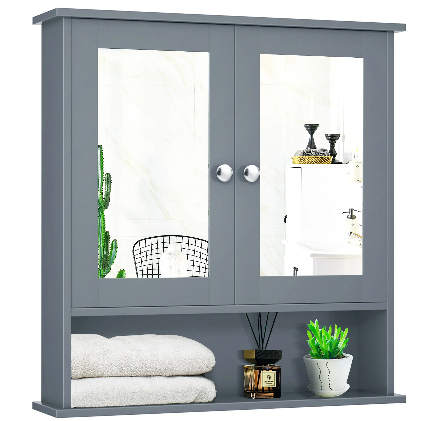 Wall Mount Mirror Cabinet Bathroom Medicine Cabinet Organizer Grey