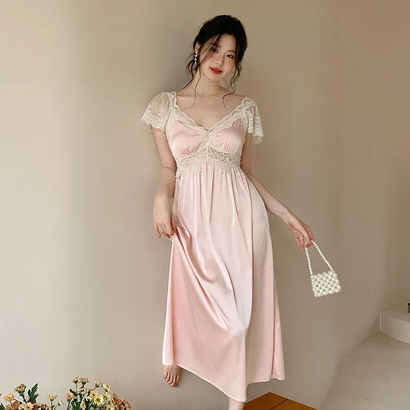 French Style Summer Nightgown for Women, Ice Silk Short Sleeve Pajama Set, Sweet Princess Home Dress