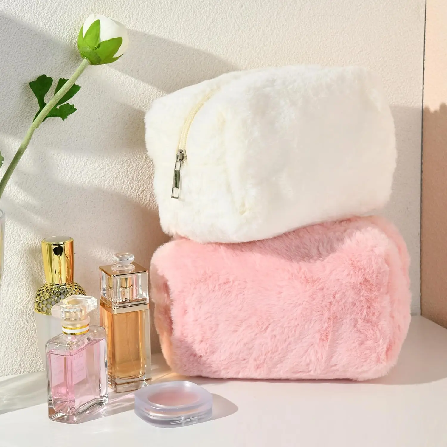 Bolsa de maquillaje, bonita bolsa de cosméticos de felpa, bolsa de maquillaje rosa y blanca, bolsa de aseo de viaje, organizador, bolsa de almacenamiento hinchada para mujer