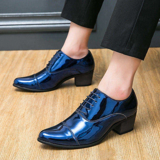 Elegant Blue High Heels Men Wedding Shoes Business Mens Luxury Dress Shoes Shiny Patent Leather Oxford Shoe Men sapato masculino AliExpress