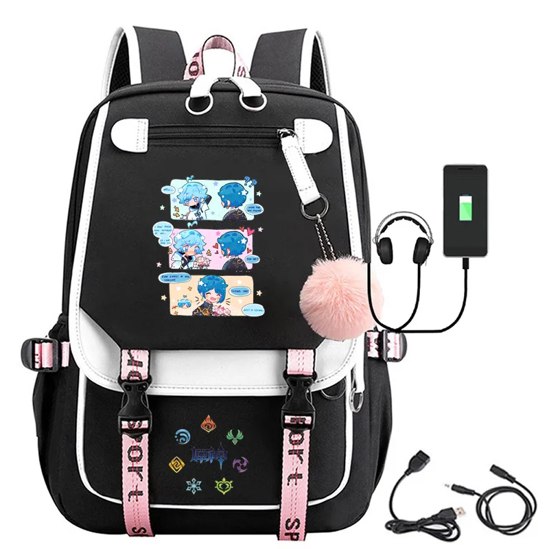 Jogo genshin impacto mochila meninos meninas anime dos desenhos animados oxford cintos à prova dusb água bola interface usb mochila feminina