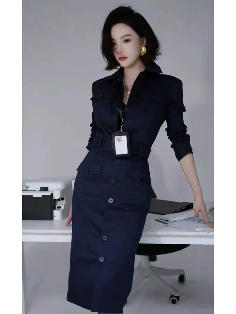 فستان بولو RAIN YAN LIN بقصة ضيقة بلون سادة وأكمام طويلة على الطراز البريطاني للنساء، فستان أنيق للتنقل في الربيع