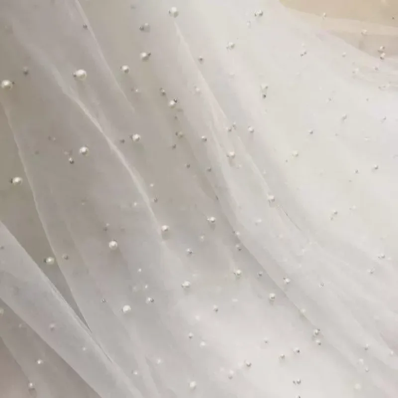 Mistlace 5 Yards Super-dense Pears 500pcs Tulle Mesh Fabric, Imported Bead Net Cloth Soft for Wedding Dress, Curtain ML242