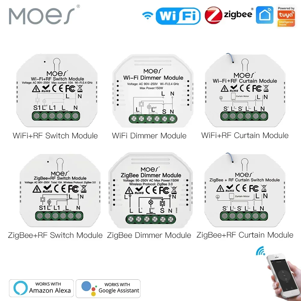 Moes smart zigbee wi-fi interruptor módulo dimmer interruptor cortina vida inteligente app controle remoto alexa google controle de voz em casa