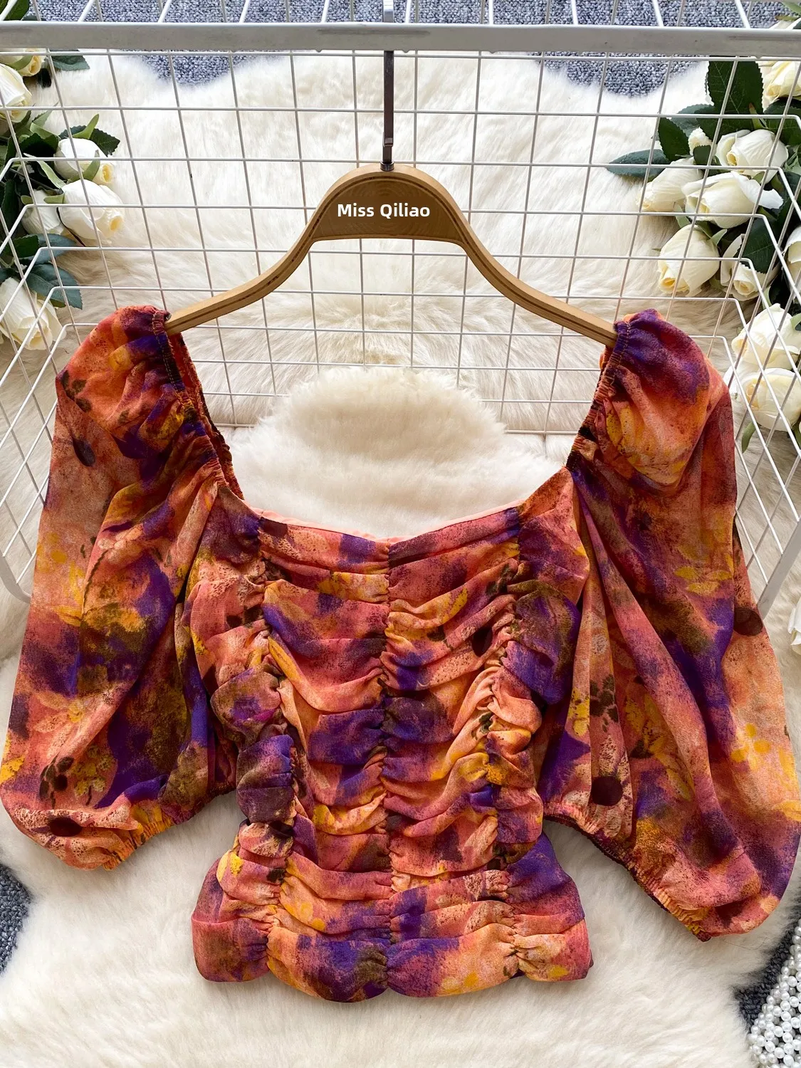 

Dopamine Chic Gradient Bubble Sleeve Shirt Women's Summer Short Design Shoulder Bared Stylish Top Korean Style Loose Fit