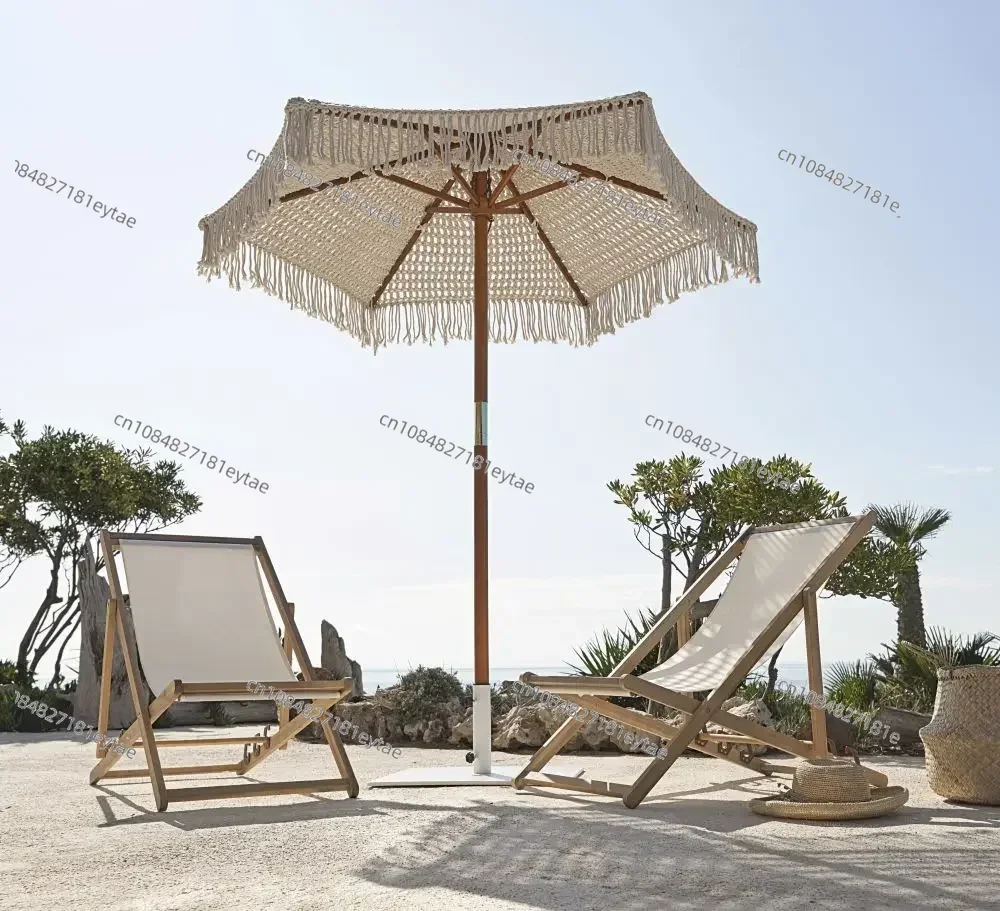 Parasols, outdoor garden decorations, hollow adjustable wooden skeleton, fringed woven beach patio center column umbrella