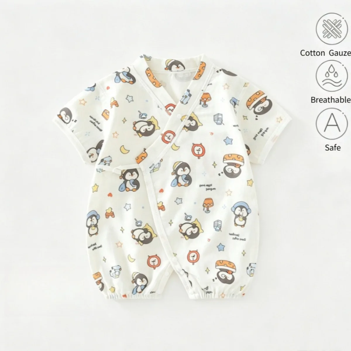 

100% Cotton Gauze Baby Romper Soft & Breathable Short Sleeve Newborn Unisex Onesie with Cute Cartoon Print for Summer 0-18M