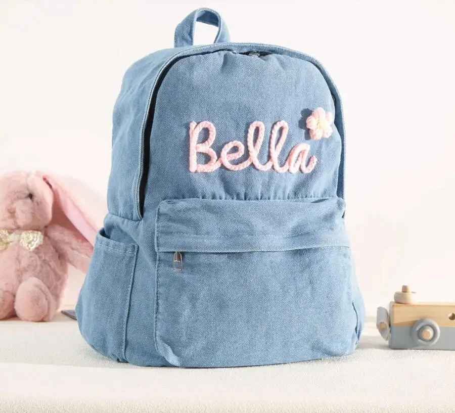 Personalized Denim Fashion Backpacks for School Trend Students Embroidery Name 2025 Jeans Bag Large Capacity Climbing Rucksack