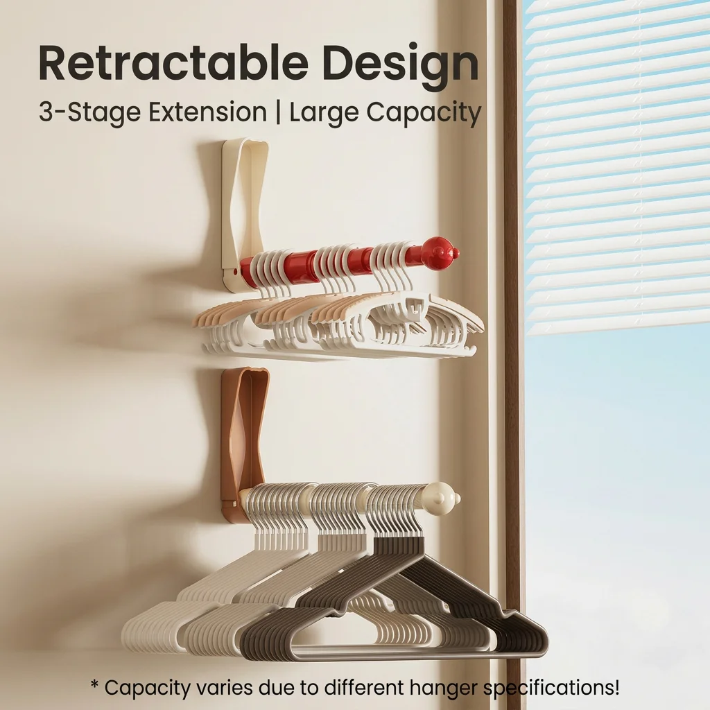 Plastic Hanger Storage No-Drill Adjustable Hanger Holder Retractable Hanger Storage Rack Foldable For Laundry Room Bathroom