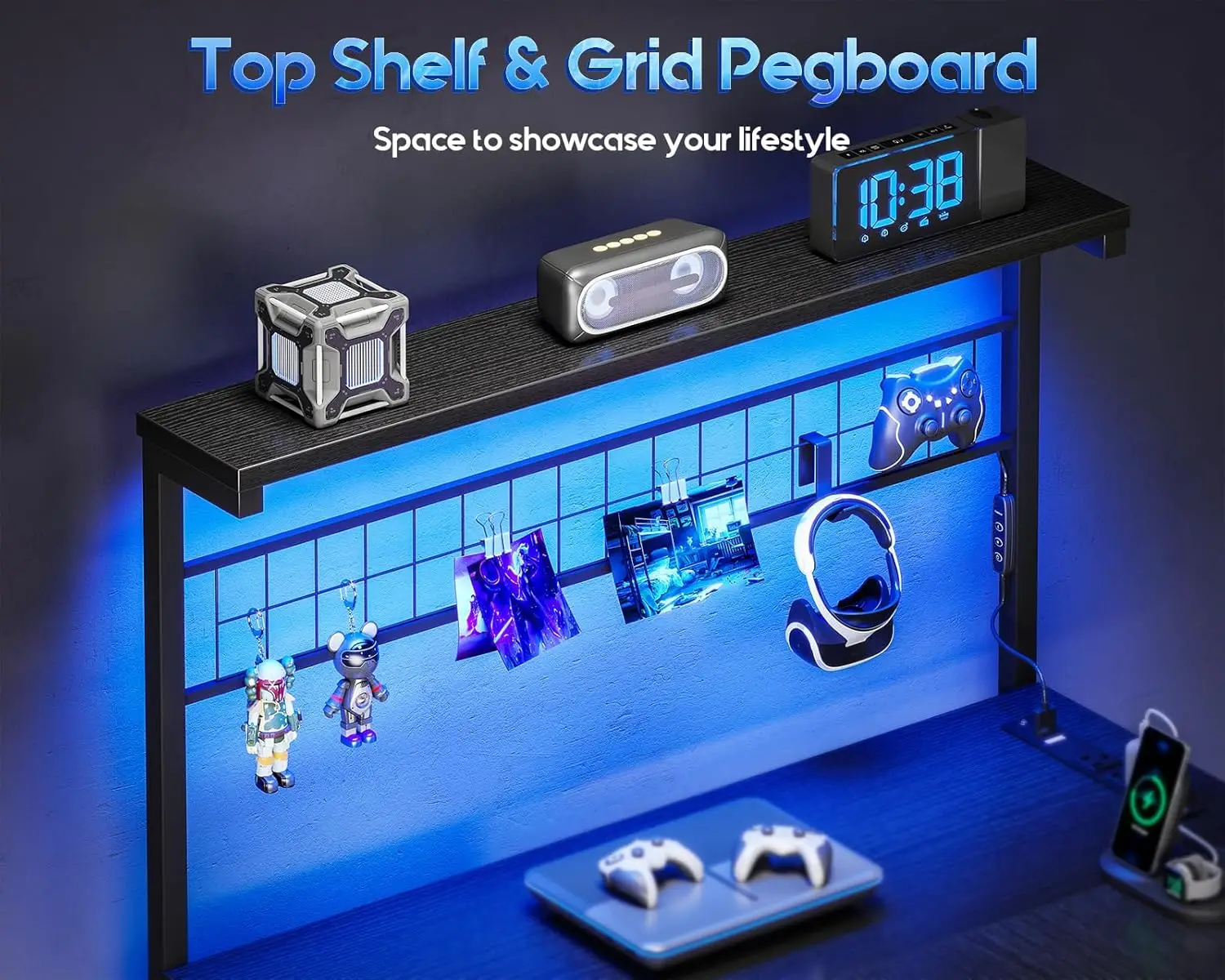 L-Shaped Gaming Desk with Shelf, 4 Drawers, LED Light, Reversible, Black