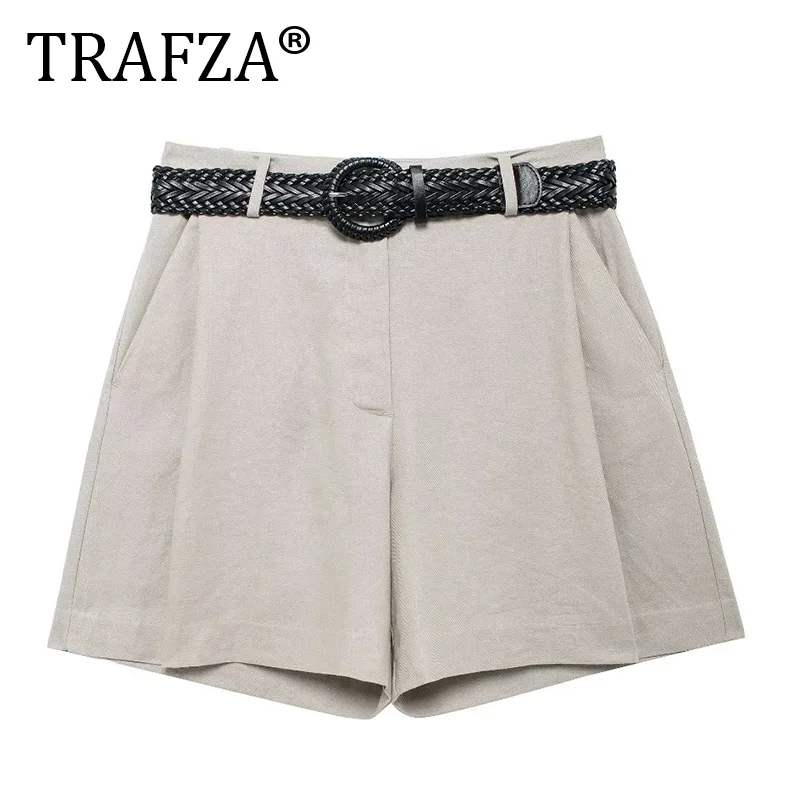 TRAFZA Vintage Frauen Anzug Solide V-ausschnitt Taste Kurzen Blazer Schärpen Gerade Mini Rock Shorts Mode 2024 Herbst Büro Tragen Set