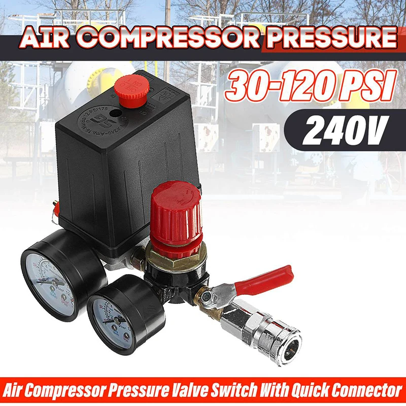 Small Air Compressor Pressure Switch Control Valve Regulator With Gauges Fittings Pneumatic Accessories Quick Response 240V