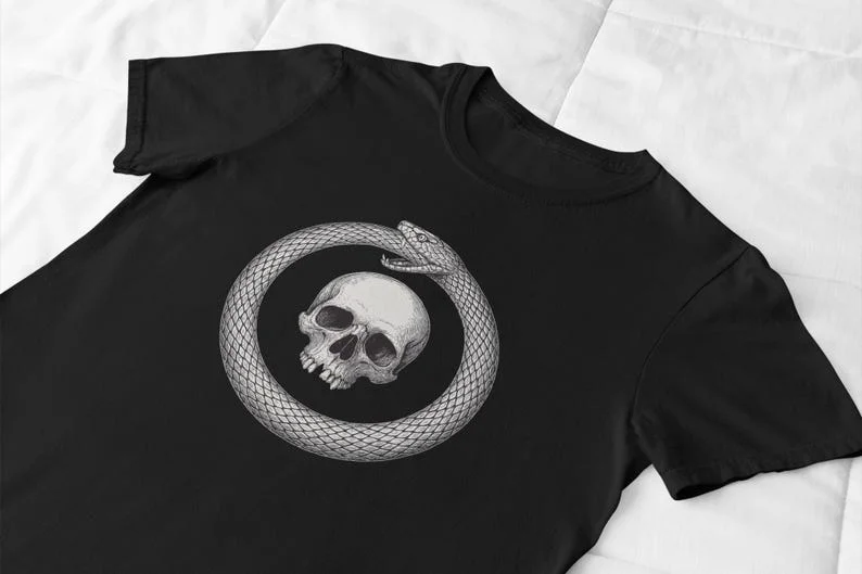 Ouroboros Skeleton Goth Alchemy Symbol T-shirt Death and Rebirth Serpentine Ring Esoteric Men's and Women's Dark Tops