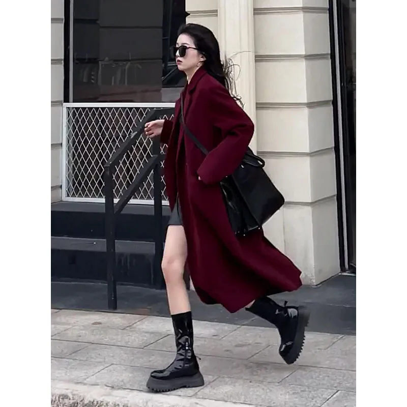 2023 Autumn And Winter New Korean Version Fashion Temperament Loose And Thickened Mid Length Woolen Coat Women's Trend