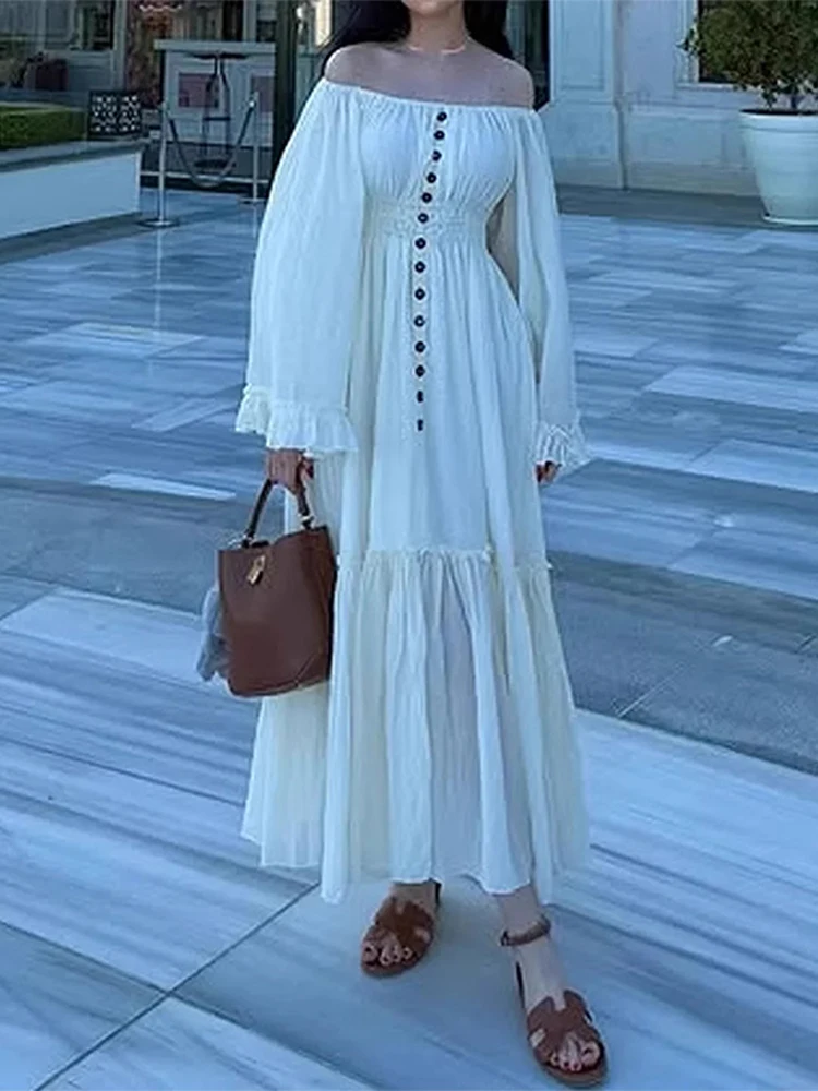 

Off-Shoulder Single Breasted Long Dress Woman Long Sleeves Waist Cinched Flounce Solid Color Robe Elegant Women's A-Line Dresses