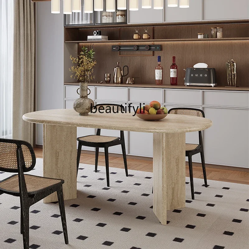 cc182Moderner einfacher ovaler Esstisch, Wohnzimmer, luxuriöser langer Steintisch für den Haushalt, hochwertiger Marmor aus Wabi-Sandy Travertin