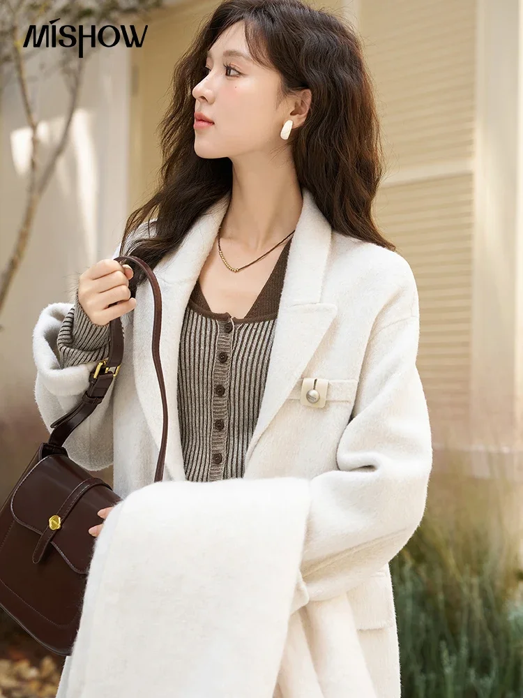 MISHOW Double-sided Woolen Coat  for Women 2023 Winter Elegant Solid Double Breasted Loose Outerwear Purely Hand-sewn MXC47W0150